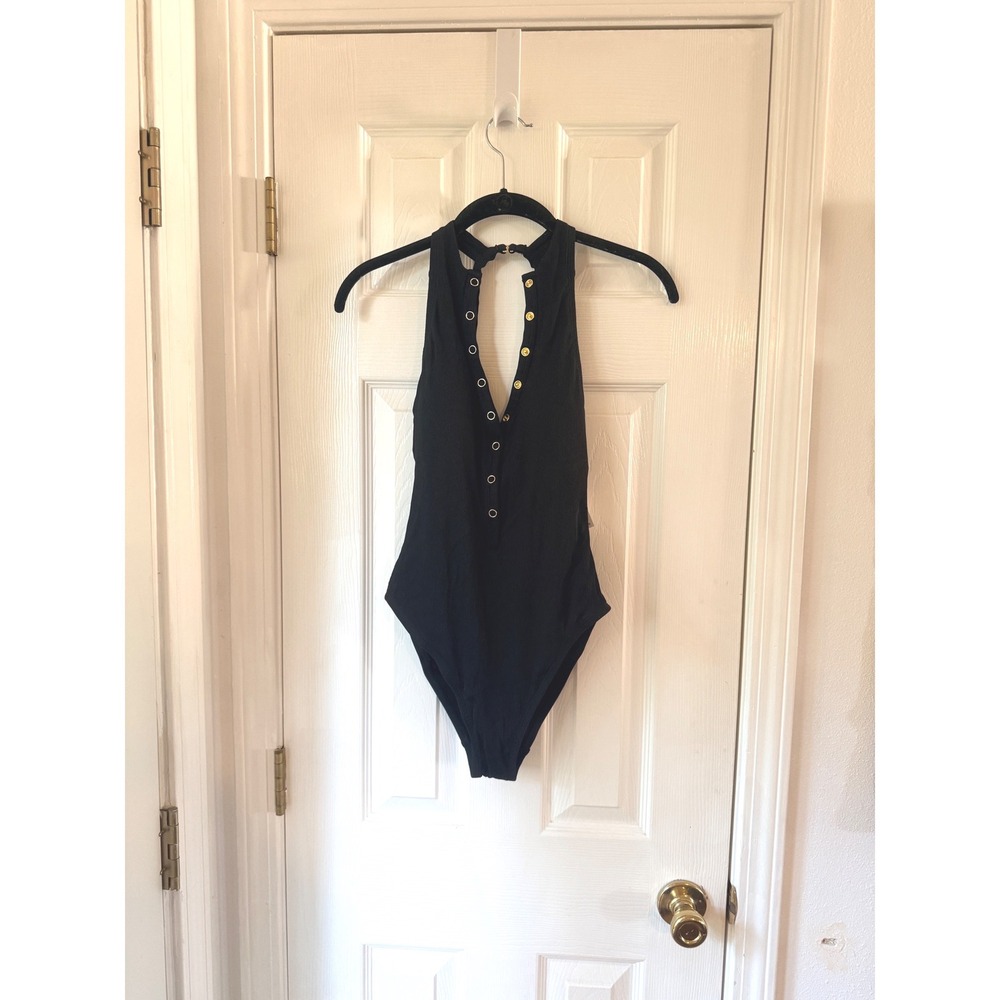 Robin Piccone Amy Ribbed One Piece Swimsuit Black Licorice 8 220814 NWT - Picture 2 of 4